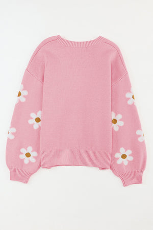 Black Floral Pattern Drop Shoulder Knit Sweater