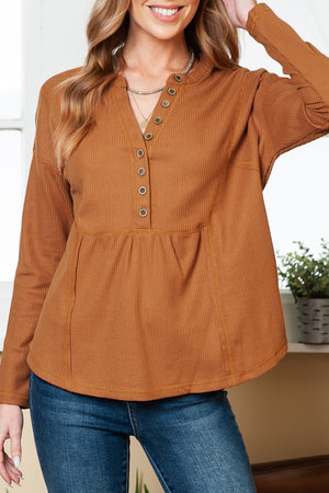 Brown Waffle Knit Casual Button Henley Top