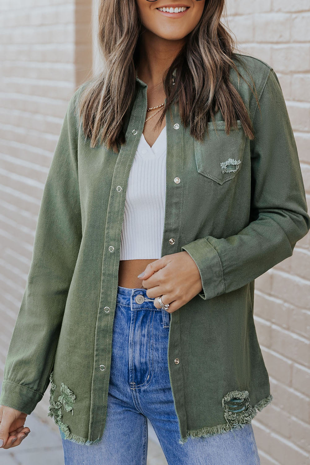 Green Casual Ripped Raw Hem Button Up Denim Shacket
