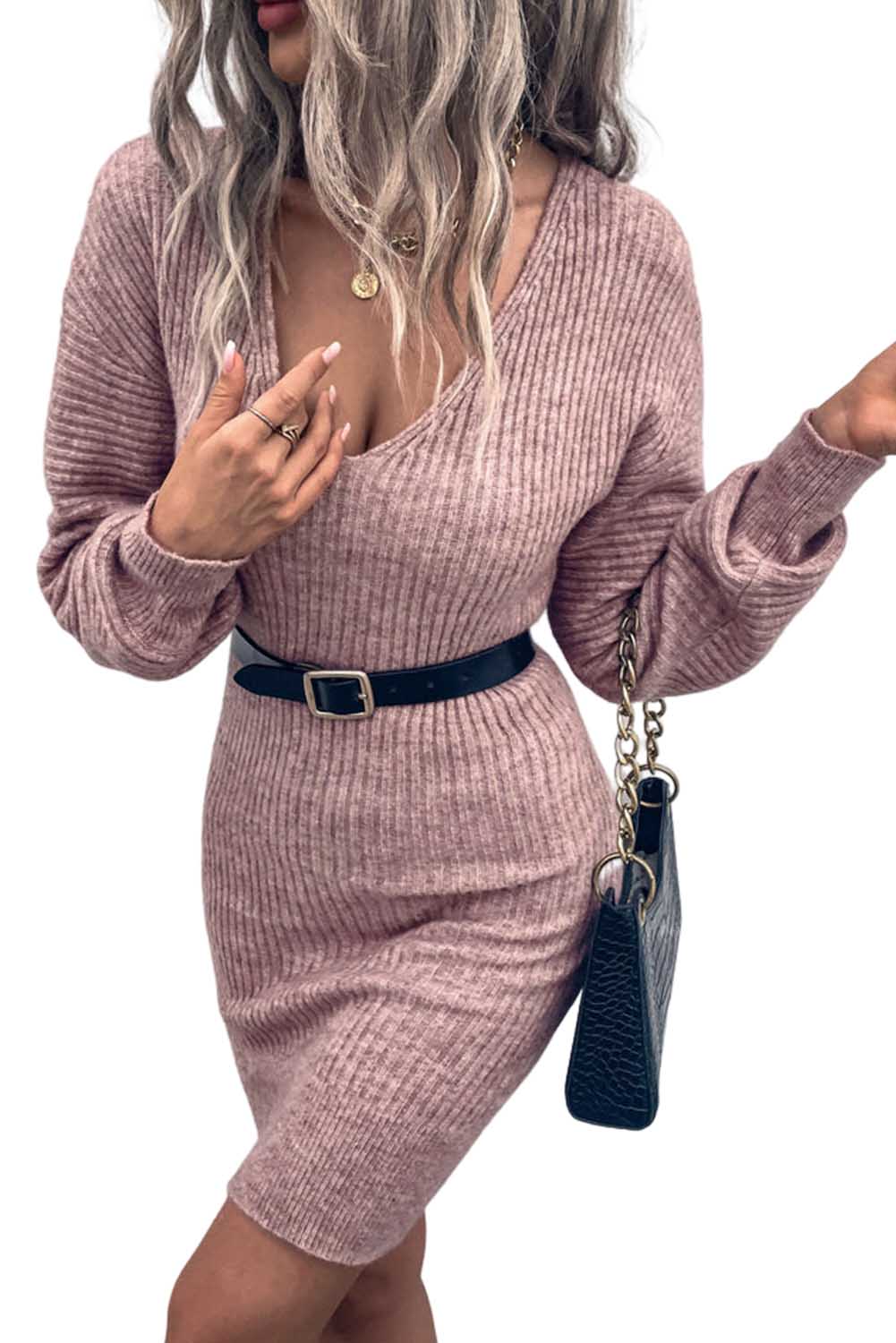 Pink V Neck Puff Sleeve Bodycon Sweater Dress