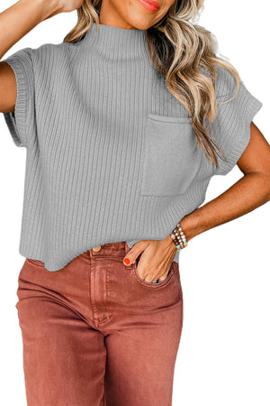 Green Patch Pocket Ribbed Knit Short Sleeve Sweater