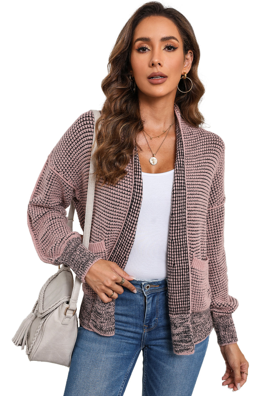 Gray Chunky Knit Pockets Drop Sleeve Cardigan