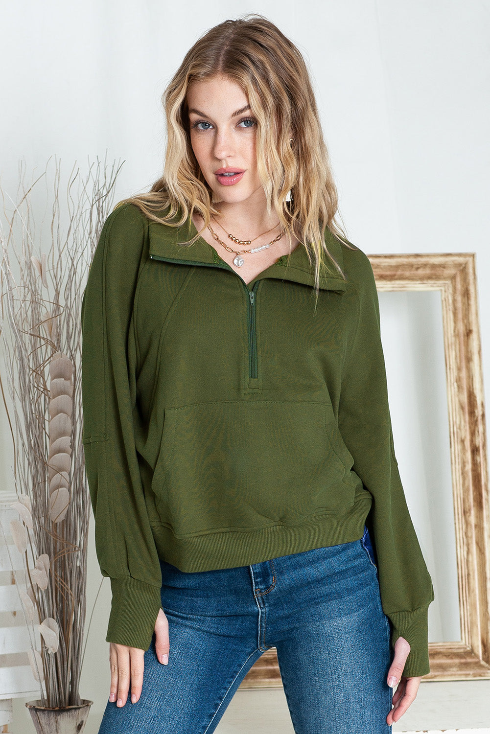 Green Zip Up Stand Collar Ribbed Thumbhole Sleeve Sweatshirt