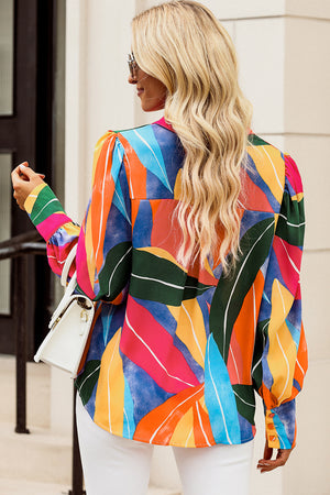 Multicolor Swirl Color Block Print Lantern Sleeve Shirt