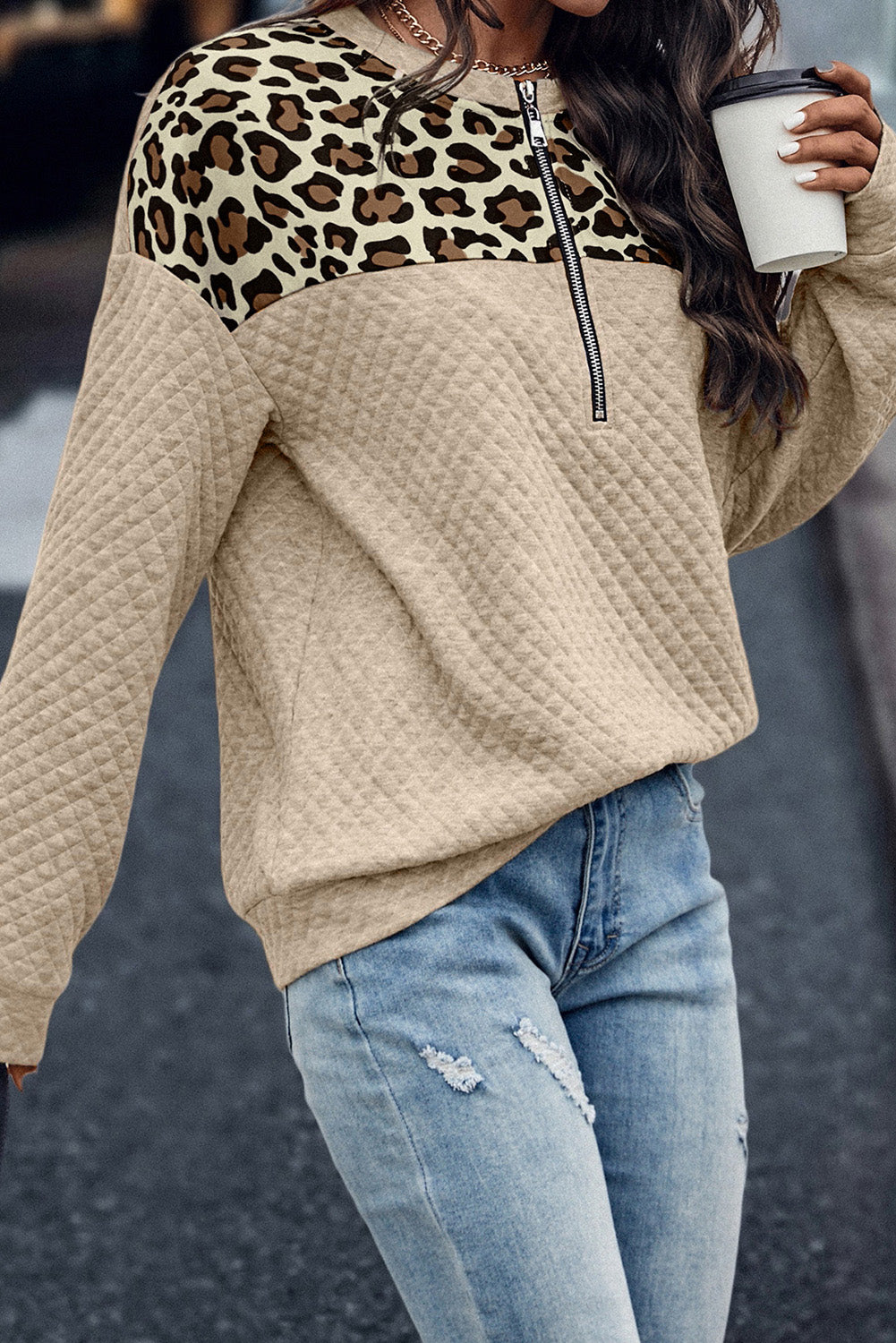 Gray Leopard Quilted Drop Shoulder Half Zipped Sweatshirt