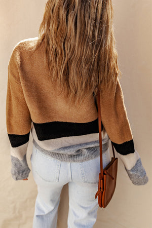 Brown Striped Bottom Colorblock Ribbed Knit Sweater