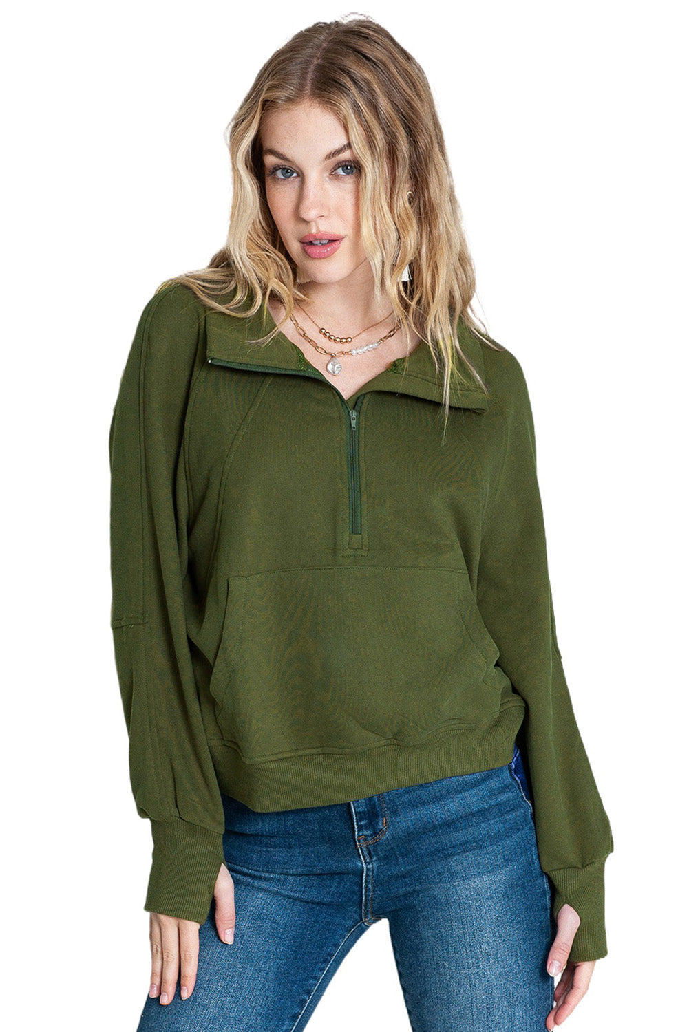 Green Zip Up Stand Collar Ribbed Thumbhole Sleeve Sweatshirt