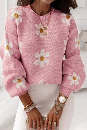 Black Floral Pattern Drop Shoulder Knit Sweater