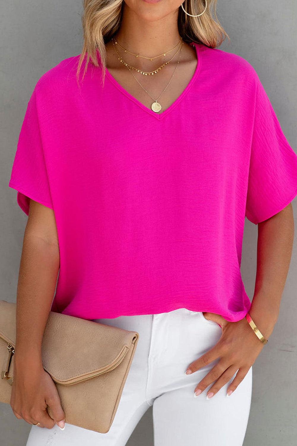 Pink Solid V Neck Textured Short Sleeve Plain Blouse