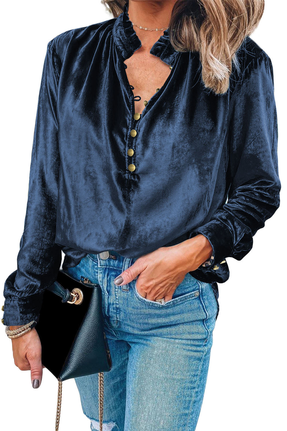 Black Frilled Neck Buttoned Front Velvet Top