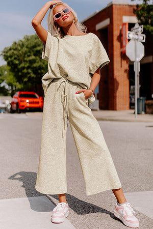 Black Textured Loose Fit T Shirt and Drawstring Pants Set