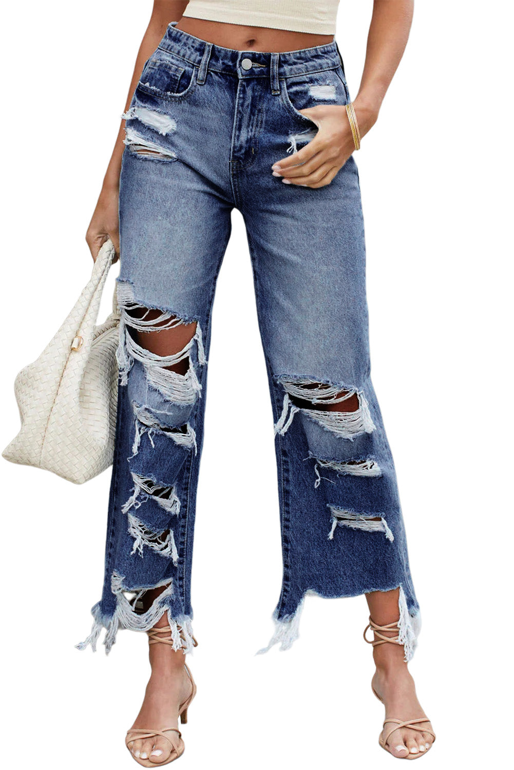 Sky Blue Heavy Destroyed Raw Hem Wide Leg Jeans