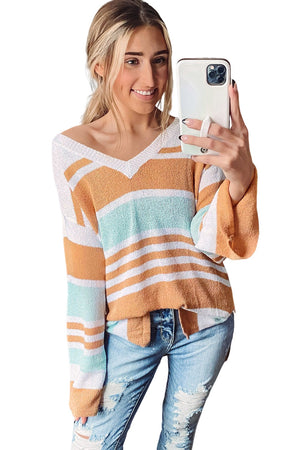 Multicolor Colorblock Stripe V Neck Split Sweater