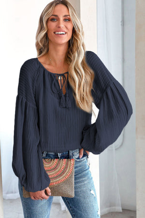 Brown Lantern Sleeve Tassel Drawstring Tie Blouse