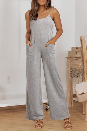 Gray Patch Pockets Spaghetti Strap Wide Leg Jumpsuit
