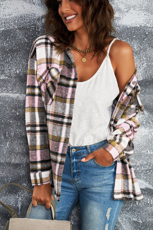 Brown Plaid Button Up Long Sleeve Flannel Jacket