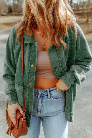 Green Vintage Washed Flap Pocket Button Shacket