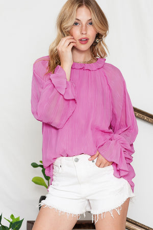 Black Crinkle Frilled Neck Pleated Long Sleeve Blouse