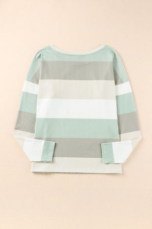Green Color Block Ribbed Long Sleeve Top with Pocket