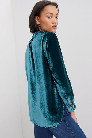 Black Frilled Neck Buttoned Front Velvet Top