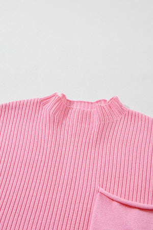 Green Patch Pocket Ribbed Knit Short Sleeve Sweater