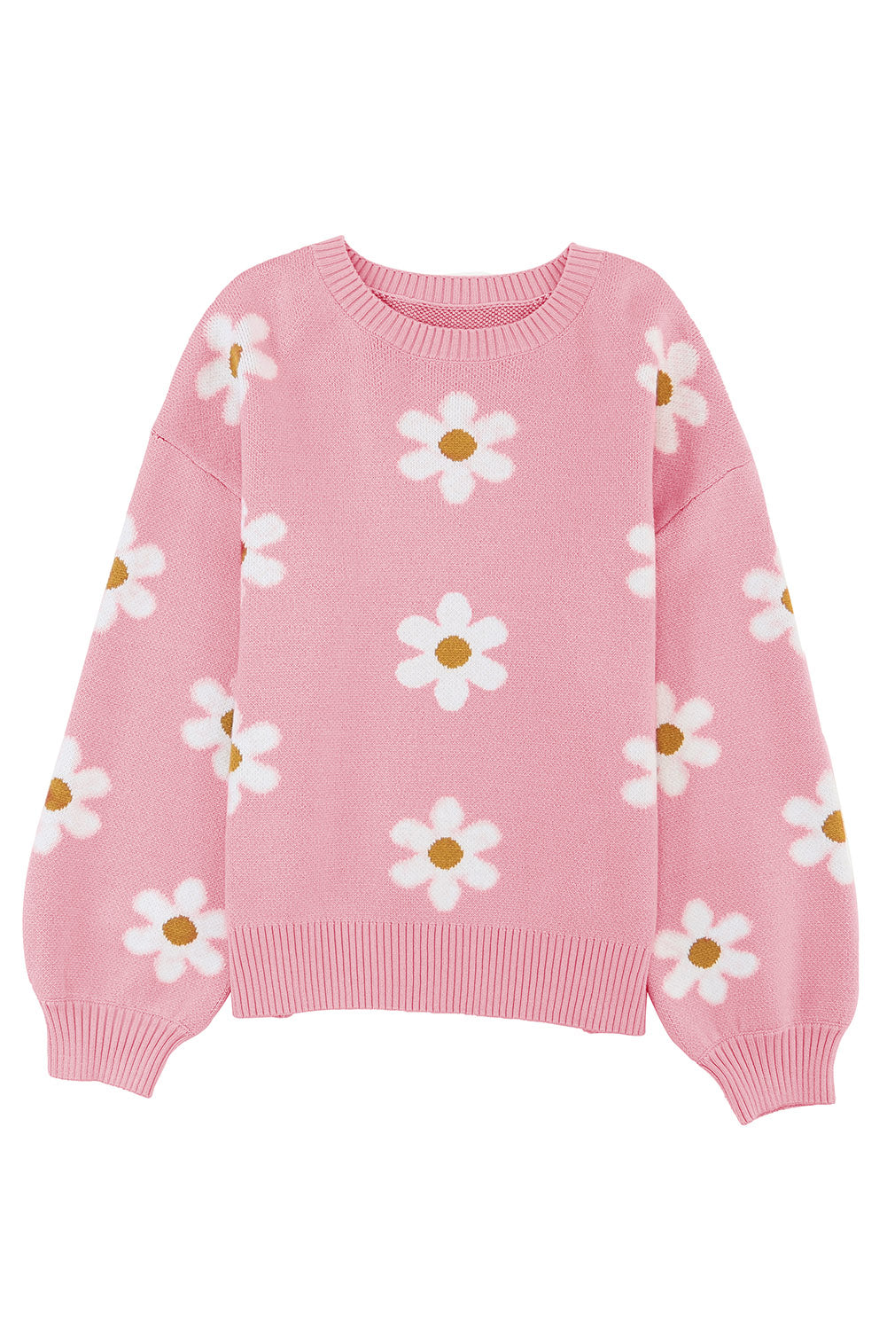 Black Floral Pattern Drop Shoulder Knit Sweater