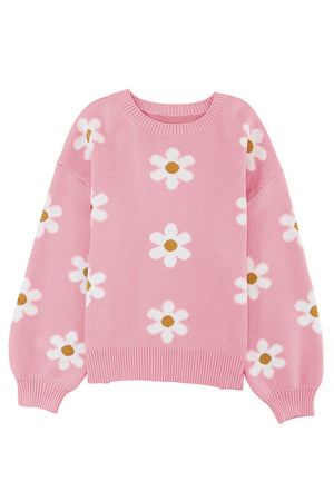 Black Floral Pattern Drop Shoulder Knit Sweater
