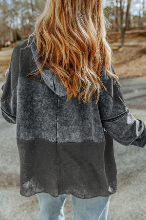 Khaki Dark Washed Patchwork Zip Up Hooded Jacket