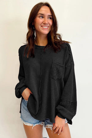 Black Waffle and Crinkle Patchwork Long Sleeve Top