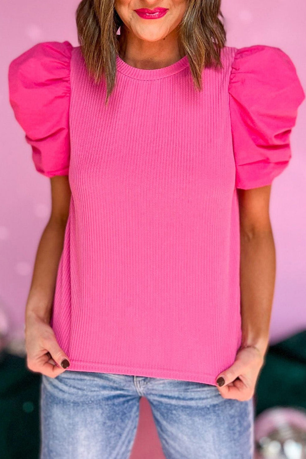 Black Ribbed Crew Neck Elegant Puff Sleeve Top