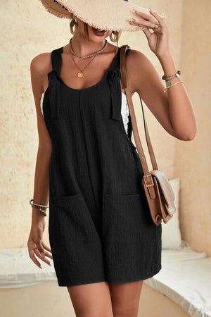 Black Shoulder Strap Pocket Textured Romper