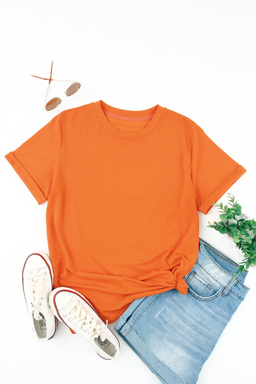 Green Plain Solid Color Crew Neck Tee