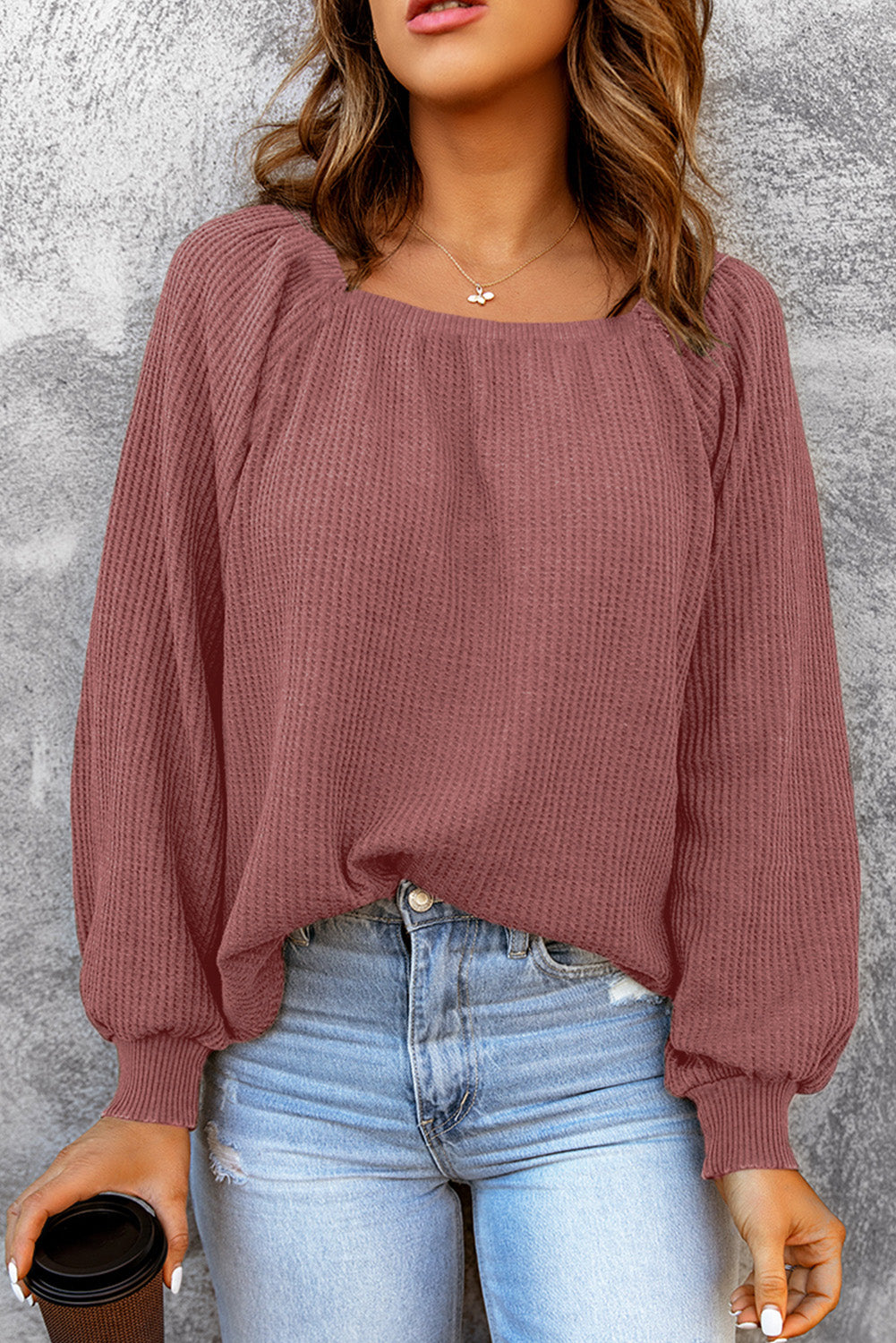 Pink Waffle Texture Casual Square Neck Pullover Top