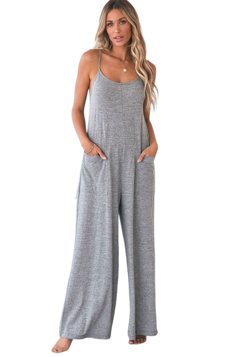 Gray Patch Pockets Spaghetti Strap Wide Leg Jumpsuit