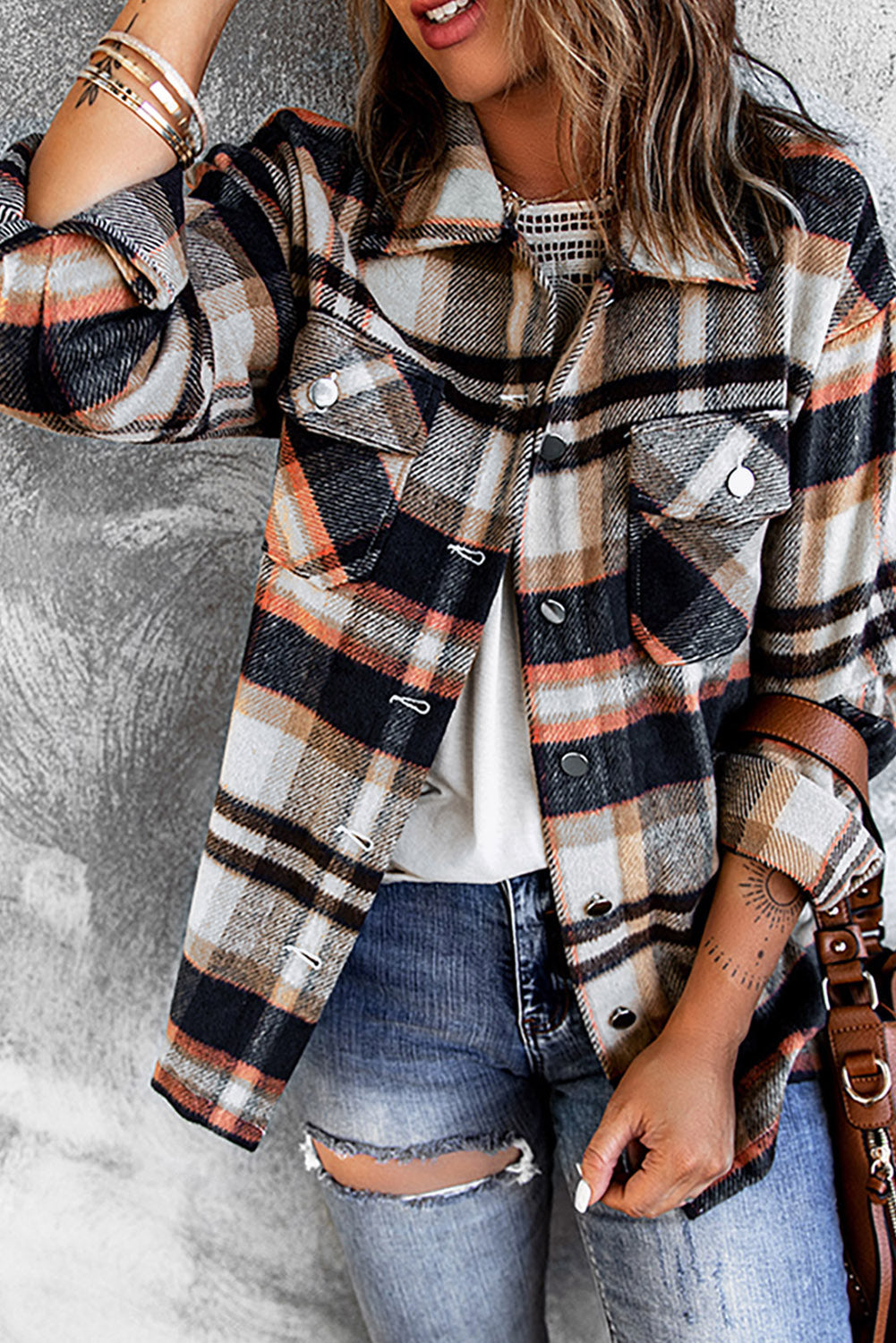 Brown Plaid Button Up Long Sleeve Flannel Jacket