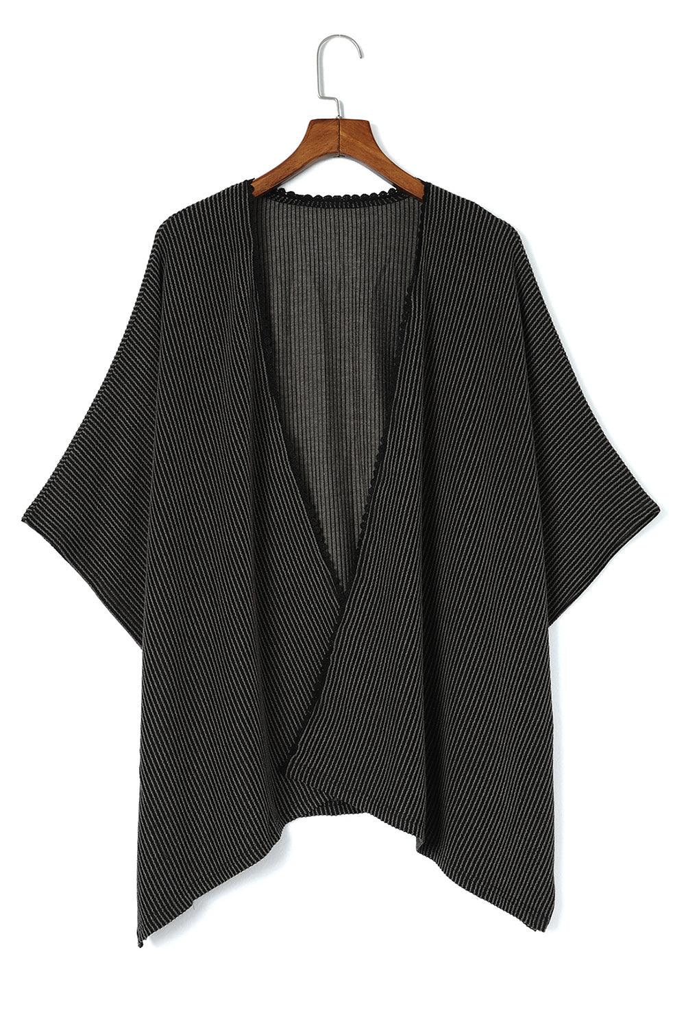 Black Textured Lace Trim Open Front Kimono Cardigan