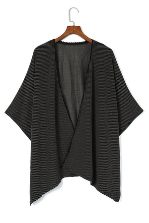 Black Textured Lace Trim Open Front Kimono Cardigan