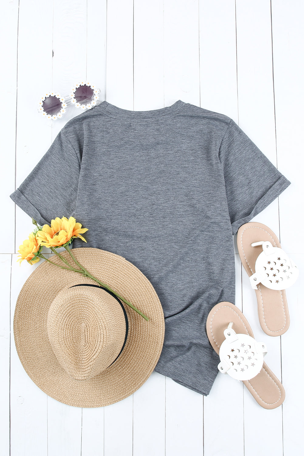 Green Plain Solid Color Crew Neck Tee
