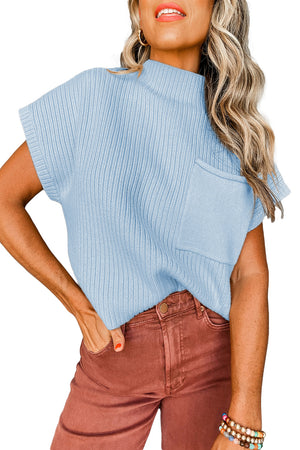 Green Patch Pocket Ribbed Knit Short Sleeve Sweater