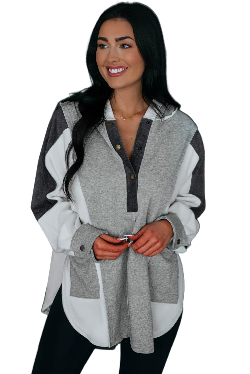 Grey Color Block Snap Button Exposed Seam Pullover Hoodie
