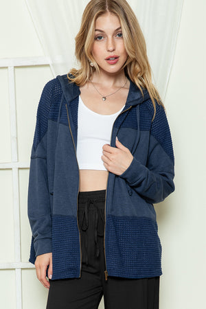 Khaki Dark Washed Patchwork Zip Up Hooded Jacket