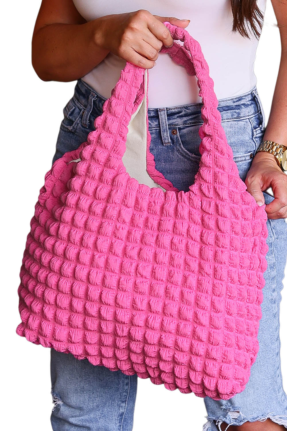 White Textured Pleated Bubble Shoulder Bag