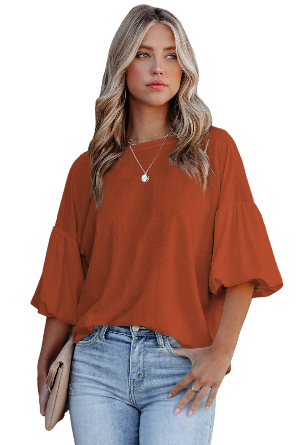White Solid Color Casual Bubble Sleeve Blouse