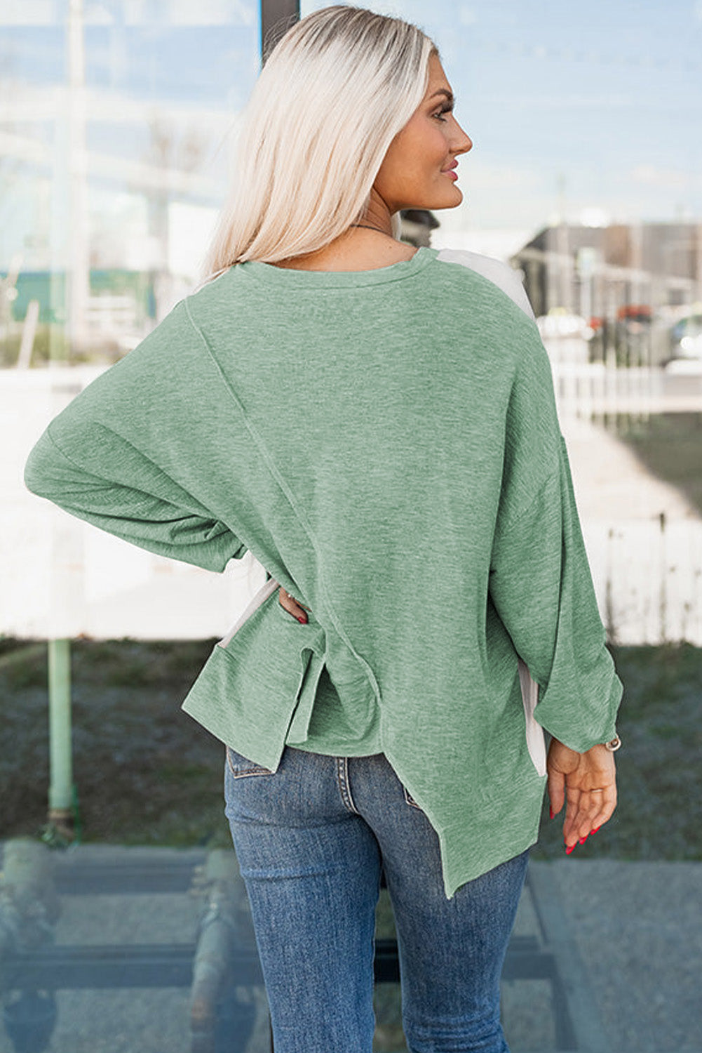 Khaki Colorblock Stitching Irregular Hem Long Sleeve Top