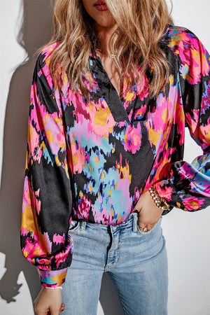 Green Graffiti Colorblock Casual V Neck Puff Sleeve Blouse