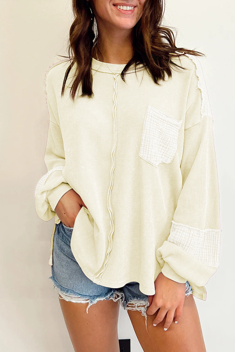 Black Waffle and Crinkle Patchwork Long Sleeve Top