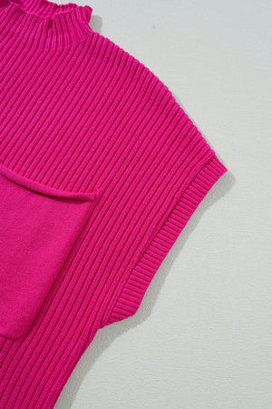 Green Patch Pocket Ribbed Knit Short Sleeve Sweater