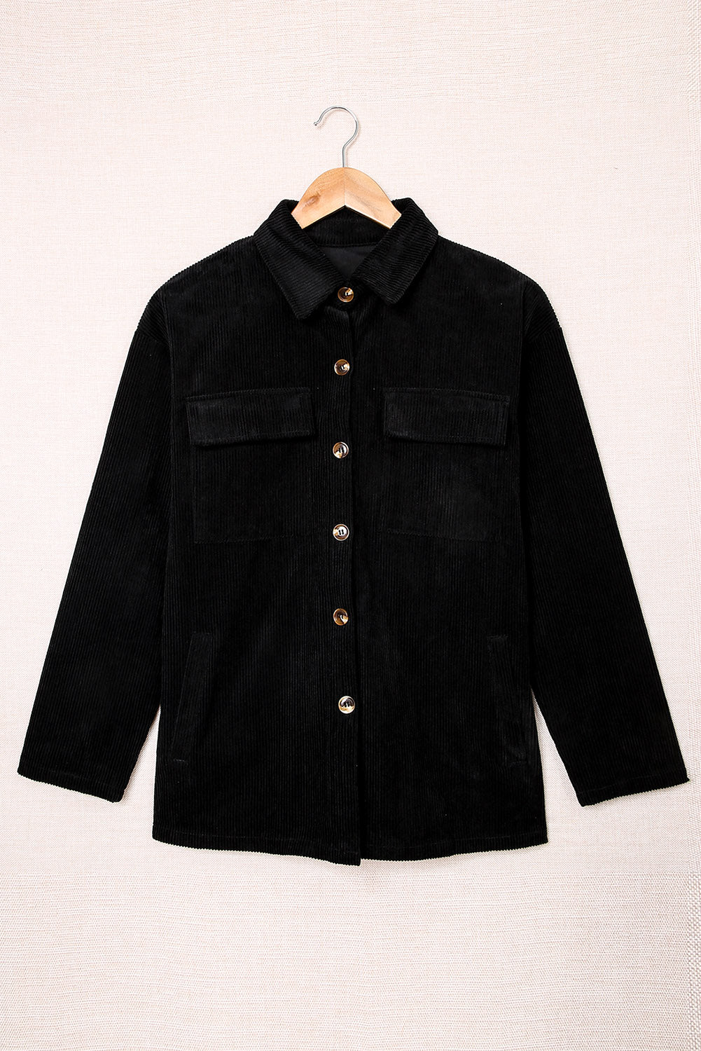 Beige Button Up Patch Pocket Corduroy Shacket