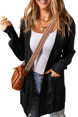 Apricot Ribbed Trim Hollow Knit Side Slits Cardigan