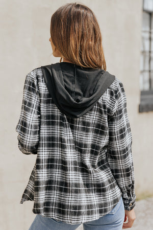 Black Plaid Drawstring Hooded Shacket